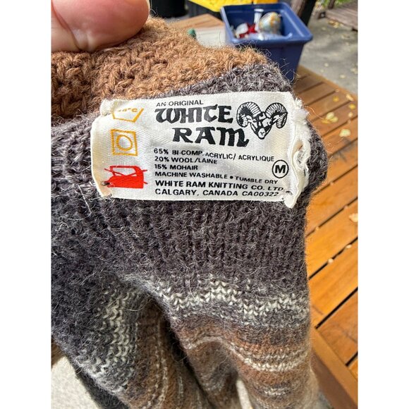 80s An Original White Ram Knitting Co Ltd Cardigan Sweater Full Zip Ivory Brown - Picture 14 of 14